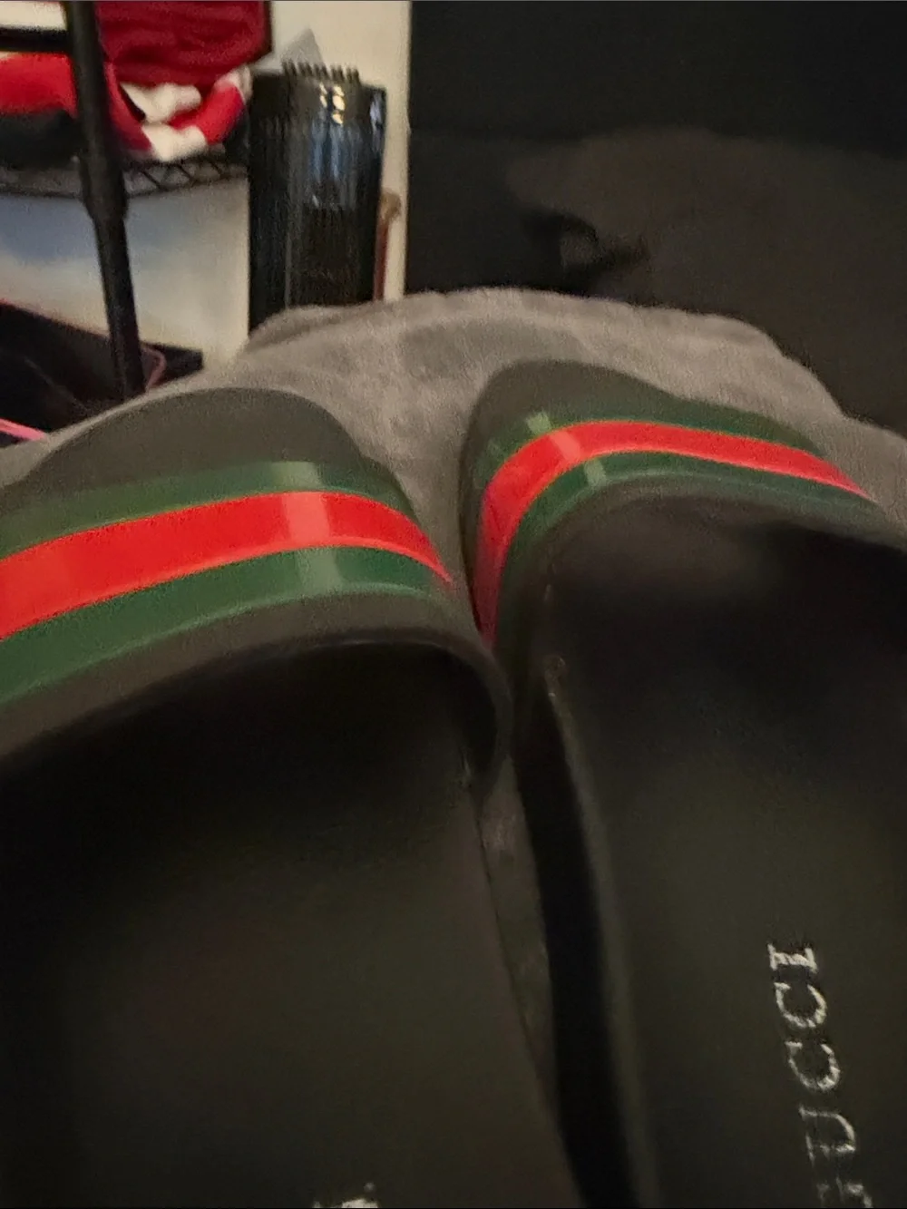 Gucci Black Slides with Red & Green Web Stripe